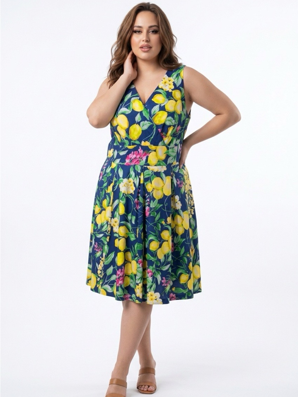 Roz & Ali Lemon Floral Wrap Midi Dress Blue Yellow Size 16